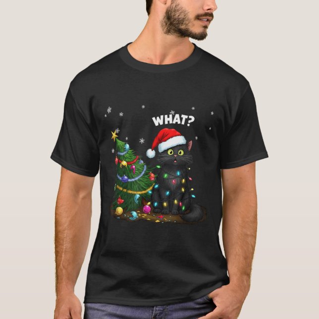 Funny Black Cat Pushing Christmas Tree  T-Shirt (Front)