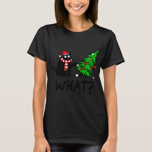 Funny Black Cat Pushing Christmas Tree T_Shirt