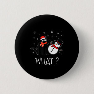 Funny Black Cat Pushing Snowman Christmas Winter C Button
