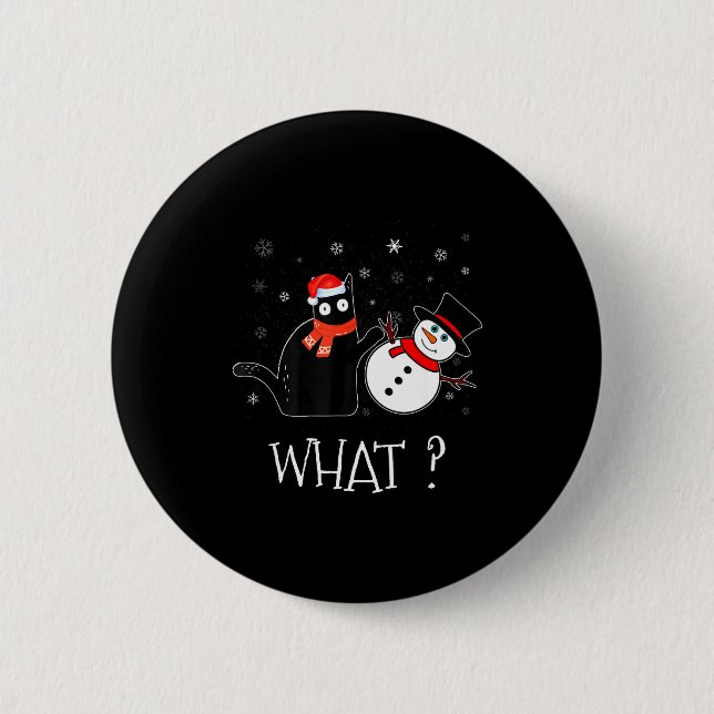 Funny Black Cat Pushing Snowman Christmas Winter C Button (Front)