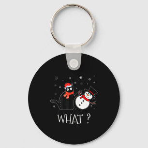 Funny Black Cat Pushing Snowman Christmas Winter C Keychain