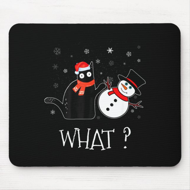 Funny Black Cat Pushing Snowman Christmas Winter C Mouse Pad (Front)
