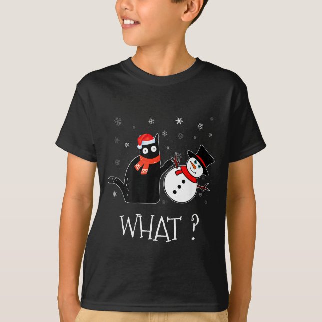 Funny Black Cat Pushing Snowman Christmas Winter C T-Shirt (Front)