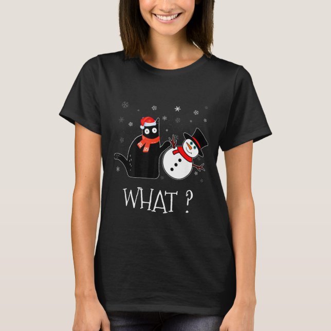 Funny Black Cat Pushing Snowman Christmas Winter C T-Shirt (Front)