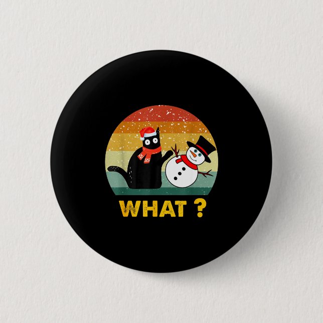 Funny Black Cat Pushing Snowman Xmas Winter Costum Button (Front)