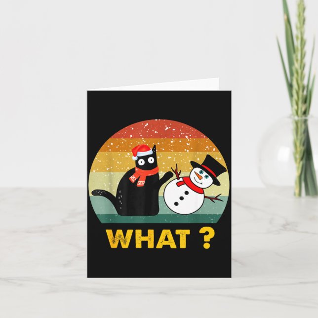 Funny Black Cat Pushing Snowman Xmas Winter Costum Card (Front)