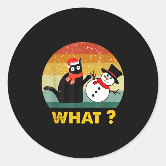Funny Black Cat Pushing Snowman Xmas Winter Costum Classic Round Sticker (Front)
