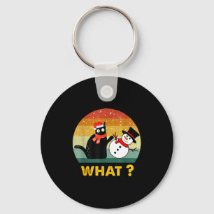Funny Black Cat Pushing Snowman Xmas Winter Costum Keychain