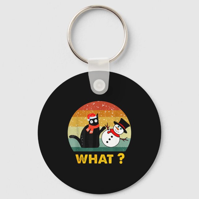 Funny Black Cat Pushing Snowman Xmas Winter Costum Keychain (Front)