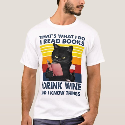 Funny Black Cat Reading Book And Drinking Wine T_Shirt