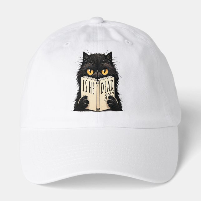 Funny Black Cat Reading Book Lover Design Hat (Front)