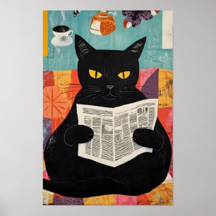 Funny Black cat Reading Newspaper Poster
