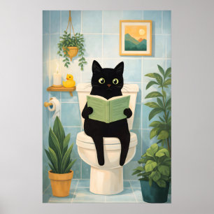 Funny Black Cat Reading on Toilet Bathroom Print