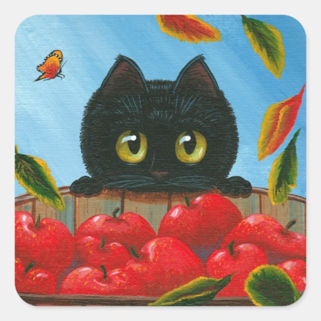 Funny Black Cat Red Apples Creationarts Square Sti Sticker (Front)