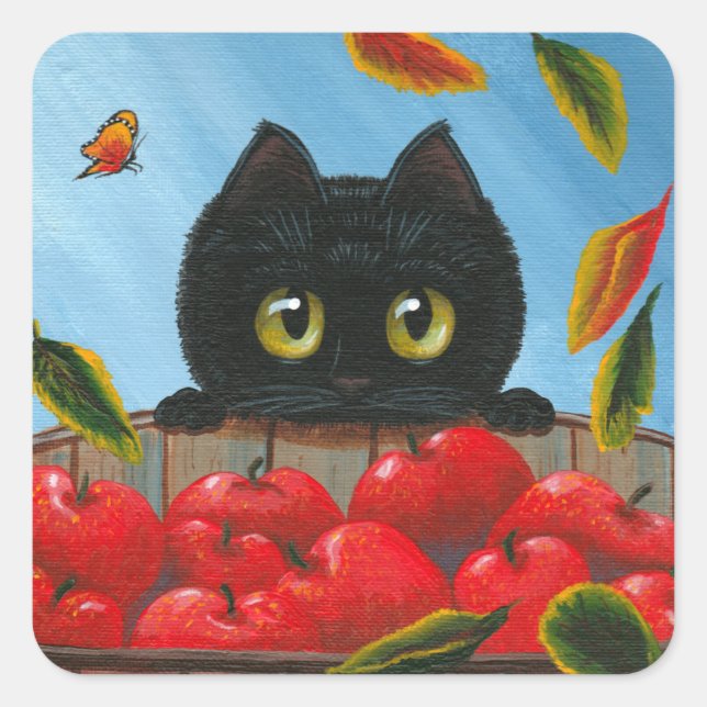Funny Black Cat Red Apples Creationarts Square Sticker (Front)