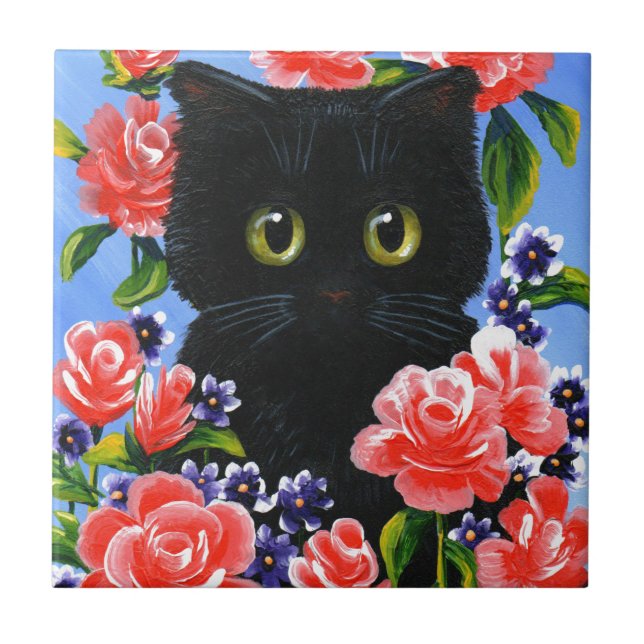 Funny Black Cat Red Roses Flowers Ceramic Tile (Front)