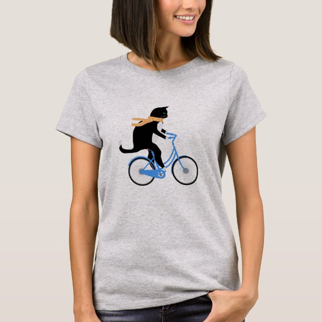 Funny Black Cat Riding A Bicycle T-Shirt (Front)