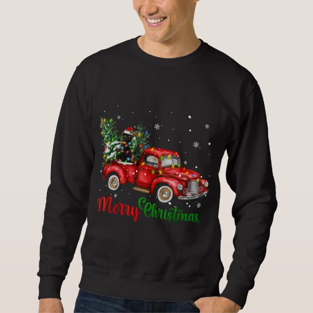 Funny Black Cat Riding Red Truck Christmas Tree Li Sweatshirt (Front)