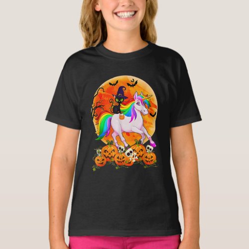 Funny Black Cat Riding Unicorn Happy Halloween T_Shirt