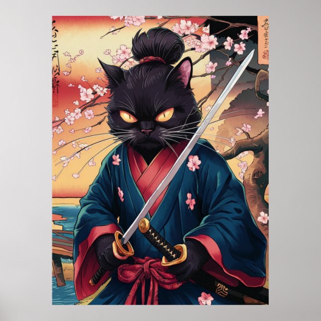 Funny Black Cat Samurai  Poster (Front)