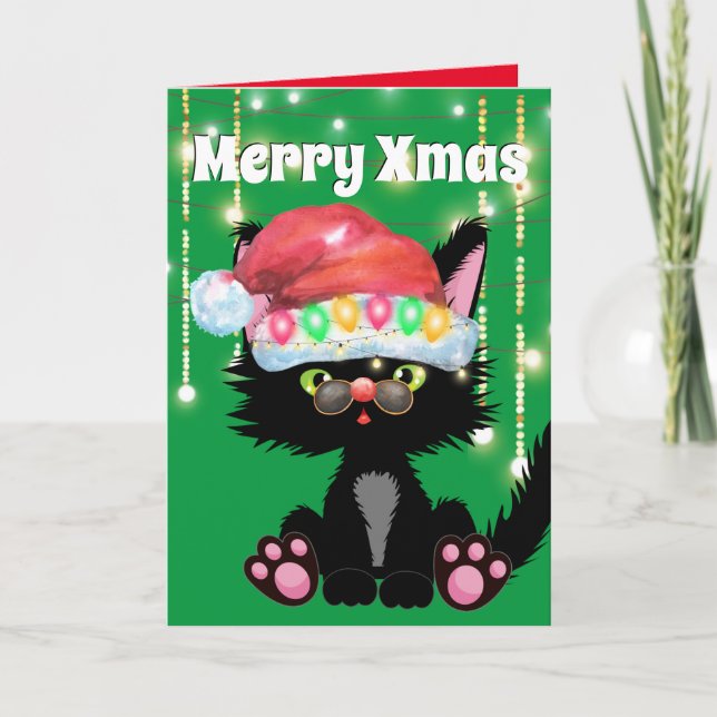 Funny black cat Santa hat tree lights humor Card (Front)