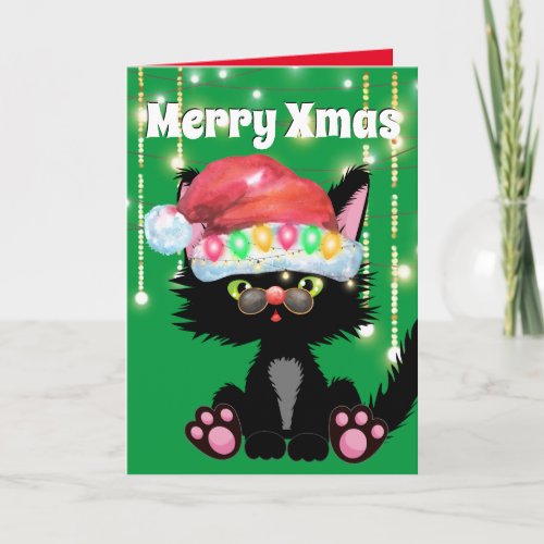 Funny black cat Santa hat tree lights humor Card