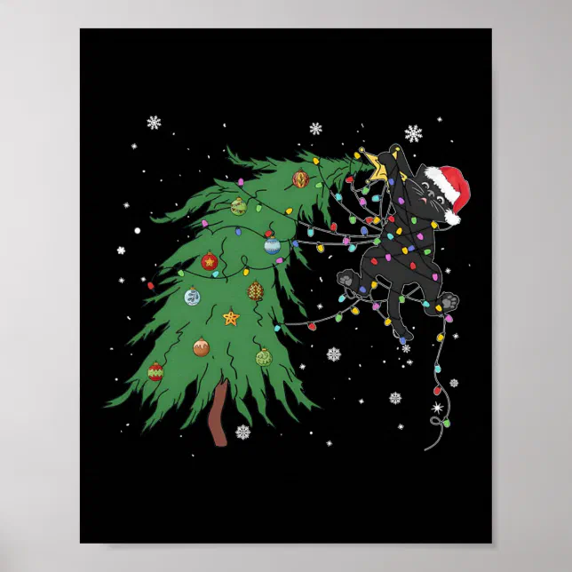 Funny Black Cat Santa Tangled Up In Christmas Tree Poster | Zazzle