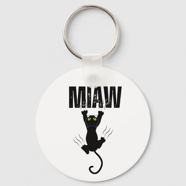 Funny Black Cat Scratching "MIAW" Graphic Keychain (Front)