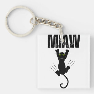 Funny Black Cat Scratching "MIAW" Graphic Square Keychain