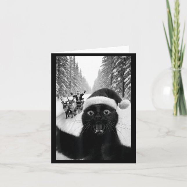 Funny Black Cat Selfie With Santa Christmas  Card (Front)