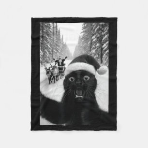 Funny Black Cat Selfie With Santa Christmas Fleece Blanket