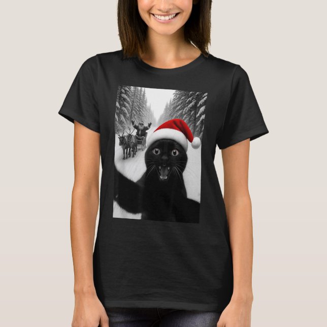 Funny Black Cat Selfie With Santa Christmas Men Wo T-Shirt (Front)