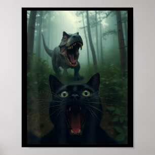 Funny Black Cat Selfie With T-rex Dinosaur Forest Poster