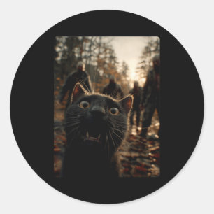 Funny Black Cat Selfie With Zombies Feline Animal  Classic Round Sticker