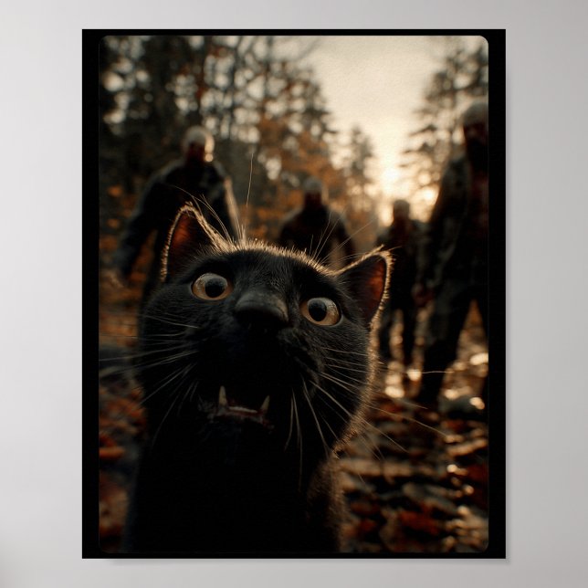 Funny Black Cat Selfie With Zombies Feline Animal  Poster (Front)