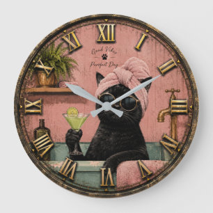 Funny Black Cat Spa Large Clock