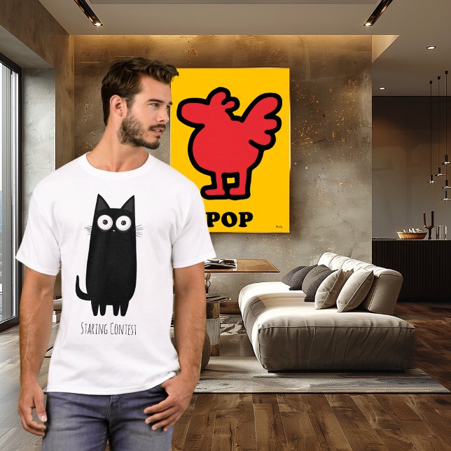 Funny Black Cat Staring Contest | Cute Cat Humor T-Shirt (Creator Uploaded)