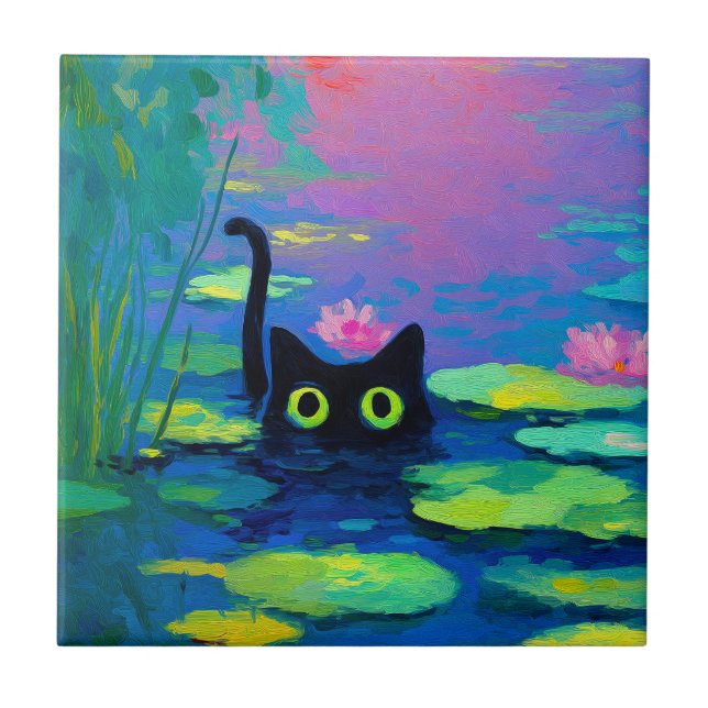 Funny Black Cat Swimming in Pond | Quirky Art Ceramic Tile (Front)