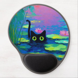 Funny Black Cat Swimming in Pond   Quirky Art Gel Mouse Pad
