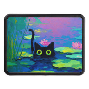 Funny Black Cat Swimming in Pond   Quirky Art Hitch Cover