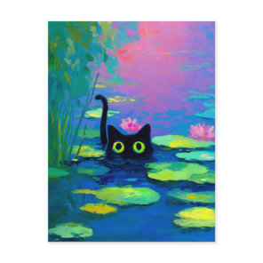 Funny Black Cat Swimming in Pond | Quirky Art Holiday Postcard