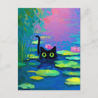Funny Black Cat Swimming in Pond | Quirky Art Holiday Postcard
