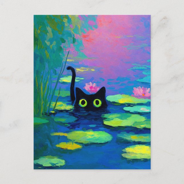 Funny Black Cat Swimming in Pond | Quirky Art Holiday Postcard (Front)