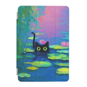 Funny Black Cat Swimming in Pond Quirky Art iPad Mini Cover