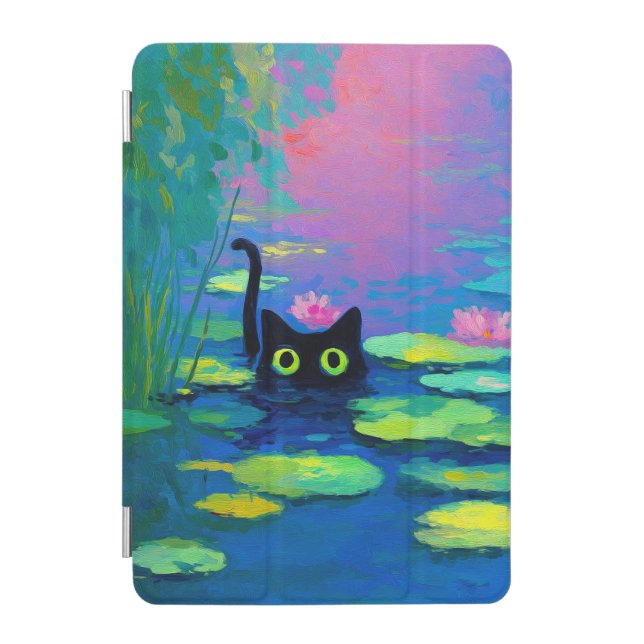 Funny Black Cat Swimming in Pond | Quirky Art iPad Mini Cover (Front)