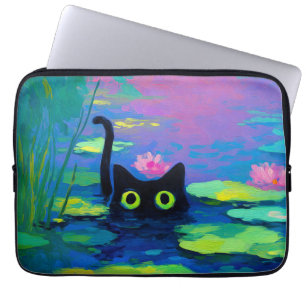 Funny Black Cat Swimming in Pond Quirky Art Laptop Sleeve