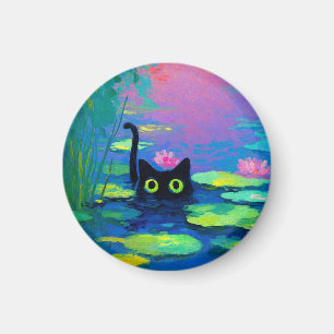 Funny Black Cat Swimming in Pond Quirky Art Magnet