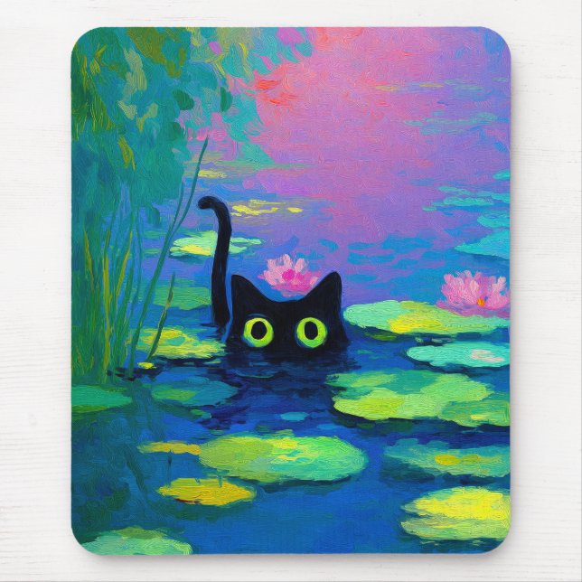 Funny Black Cat Swimming in Pond | Quirky Art Mouse Pad (Front)