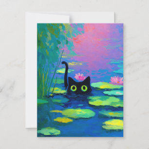 Funny Black Cat Swimming in Pond   Quirky Art Postcard
