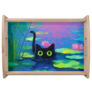 Funny Black Cat Swimming in Pond Quirky Art Serving Tray